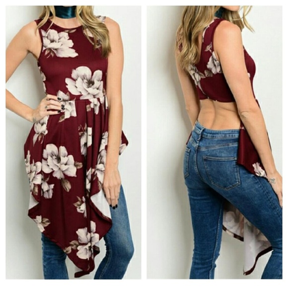 Tops - Open Back Asymmetrical Long Boho Floral Top